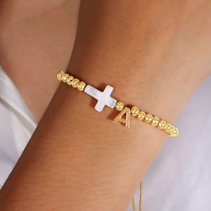 INS Cross-Border Hot-Selling Gold Bead Cross Bracelet White Shell Cross 26 English Letter Accessories Trendy Must-Have