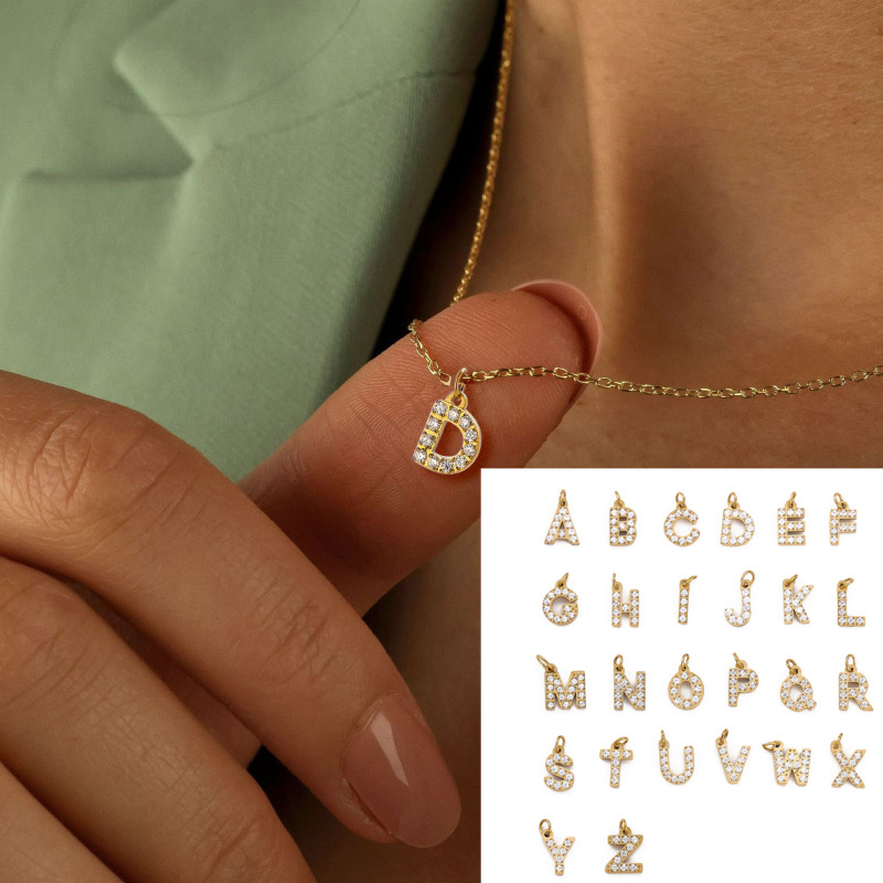 Hot Selling Micro Pave Full Diamond Stainless Steel Titanium Steel 26 Letter Accessories Single Pendant DIY Zircon Necklace Bracelet