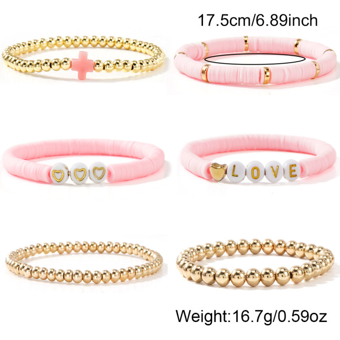 New Pink Soft Clay Letter Six-Piece Bracelet Set Heart Cross High-End Feel Jewelry Bracelet Set