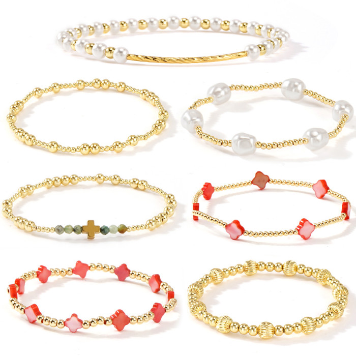2025 Summer New European and American Style Pearl Gold Bead Bracelet Set Ins Simple High-end Feel Layered Jewelry