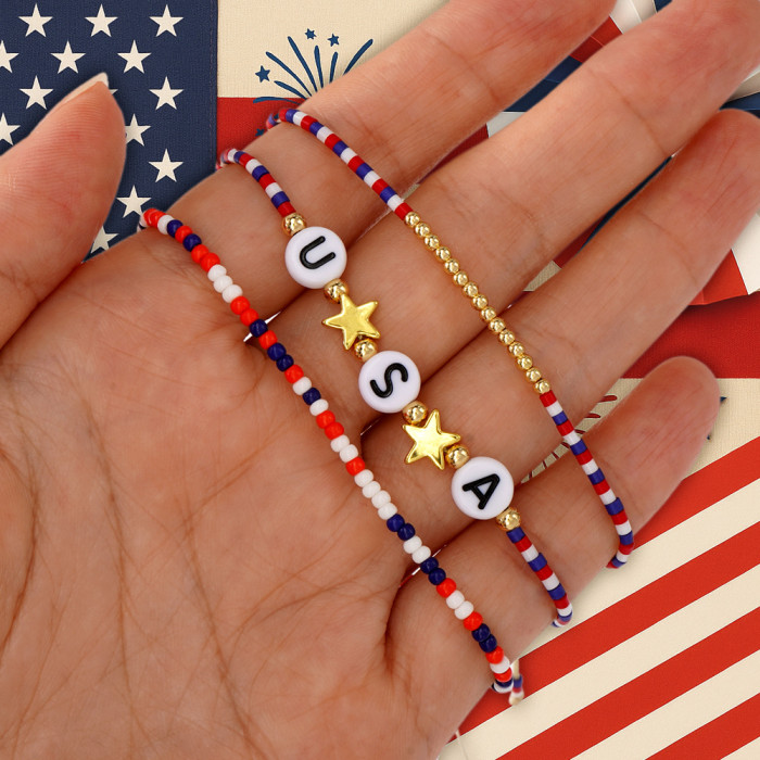 Limited Edition Independence Day Stars and Stripes Three-Piece Bracelet Set USA Letter Gold Star Beaded Cross-Border Summer Hot Sale Essential