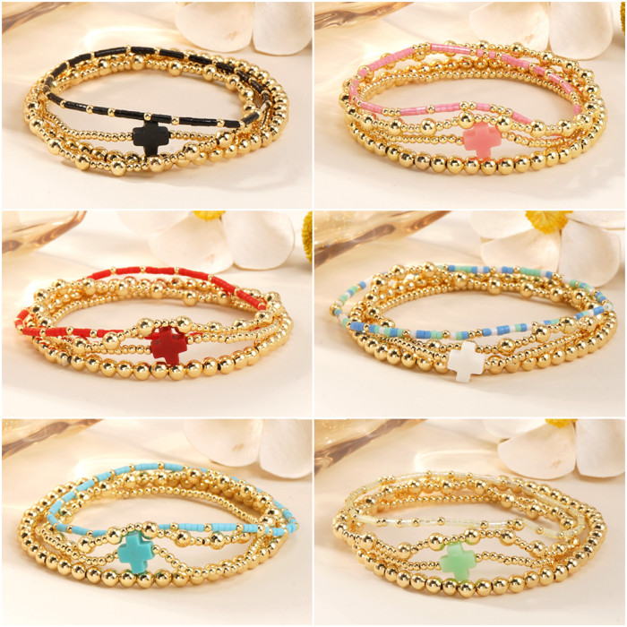 Summer Hot-Selling Cross Bracelet Set Gold Beads Colorful Beads Layered Light Luxury Versatile Bracelet for Women Simple