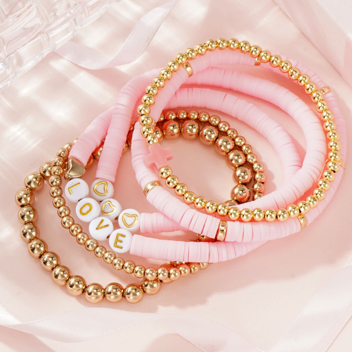 New Pink Soft Clay Letter Six-Piece Bracelet Set Heart Cross High-End Feel Jewelry Bracelet Set