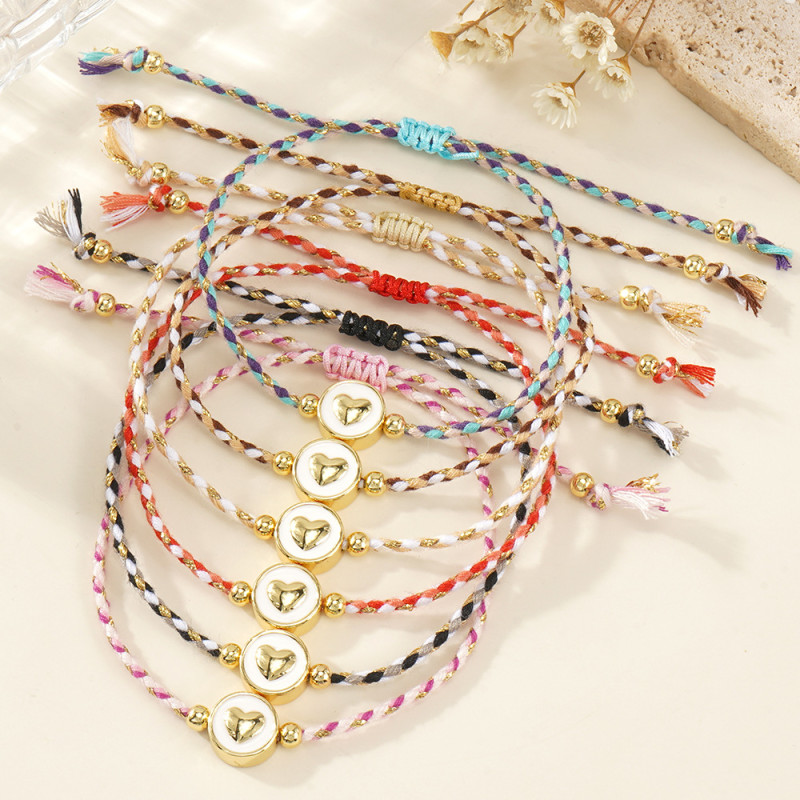 Vintage Style Oil Drop White Background Copper Heart Bracelet Copper Bead Embellished Four-Strand Gold Thread Cotton Rope Bracelet Unique Versatile Hand Jewelry