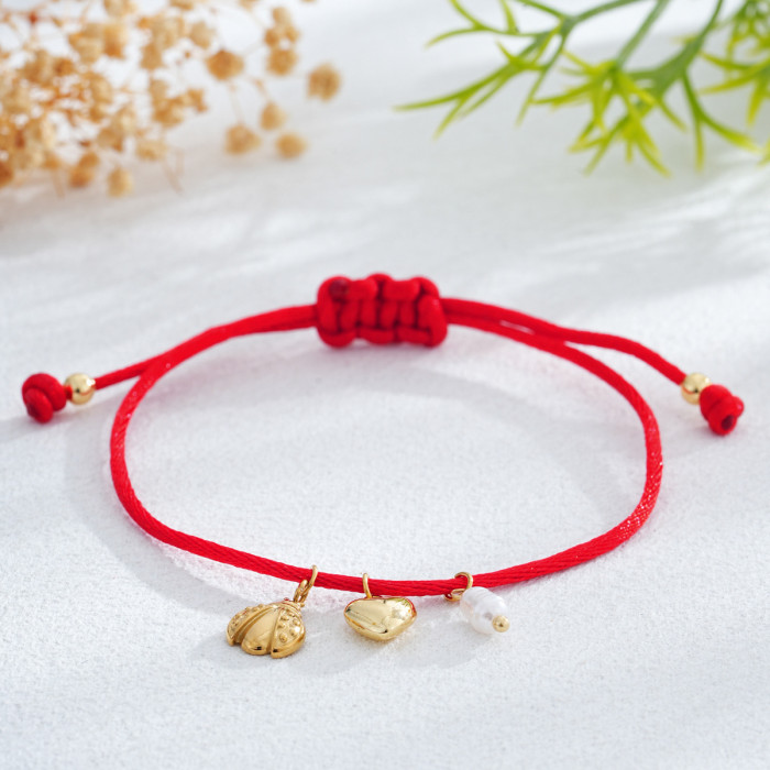 Hot-Selling Red and Black Rope Braided Bracelet Exquisite Pearl Shell Heart Pendant Simple Red Rope Bracelet Non-Fadi...