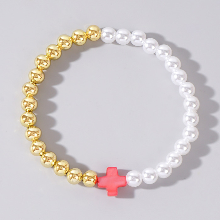 Ins Niche Design Colorful Cross Bracelet Imitation Pearl Gold Bead Splicing Elastic Beaded Bracelet Supply