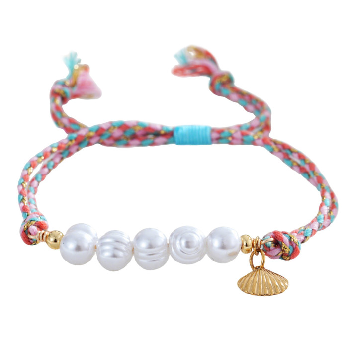 Forest Style White Punch Thread Bracelet Hand-twisted Cotton Rope Base Imitation Pearl Metal Shell Gentle Style Jewelry