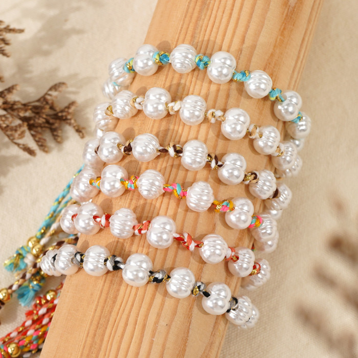 European and American Cross-Border Hand-Cranked Hemp Rope Bracelet White Punch Thread Imitation Pearl Black and White Versatile Hand Jewelry