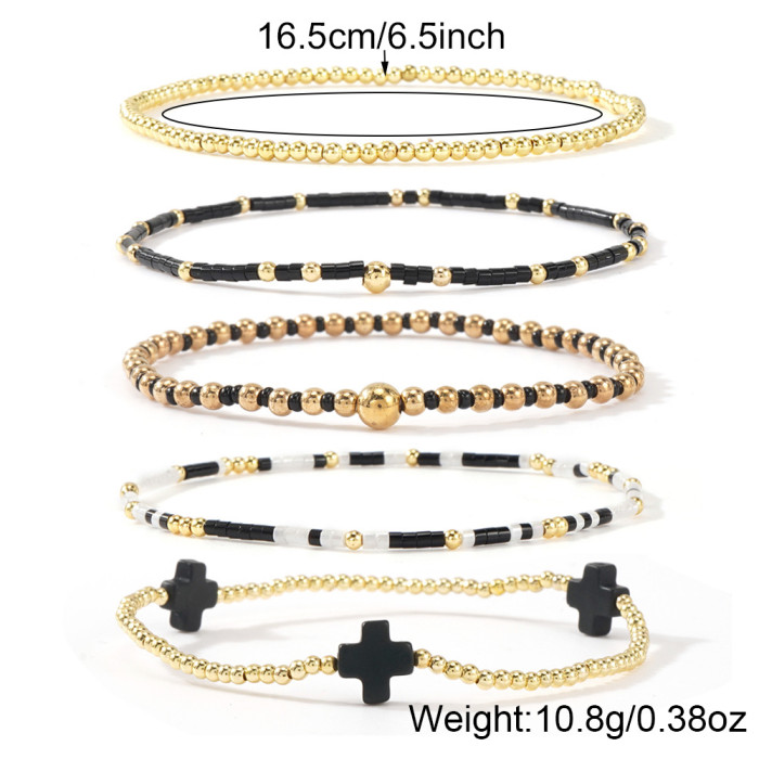 Hot Sale Ins Style Fashion Light Luxury Gold Bead Cross Set Bracelet for Women High-End Layered Jewelry
