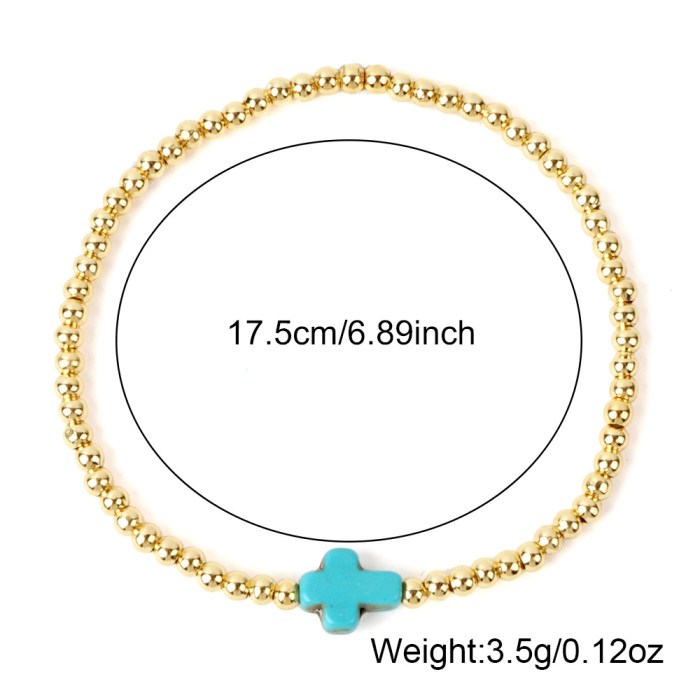 Cross-Border Hot Sale 2025 Foreign Trade Popular Gold Color Personality Versatile Semi-Precious Stone Cross Copper Bead Elastic Rope Bracelet