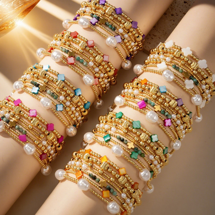 2025 Summer New European and American Style Pearl Gold Bead Bracelet Set Ins Simple High-end Feel Layered Jewelry