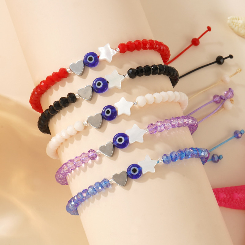 Off-White Crystal Bracelet with Steel Color Peach Heart Black Gallstone Blue Glass Flat Beads Pentagram Shell Light Luxury Elegant
