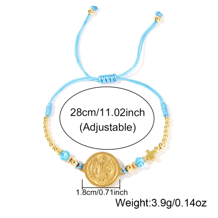 Niche Religious Jewelry Blue Rope Adjustable Bracelet with Gold Saint Image Cross Beaded Bracelet for Women