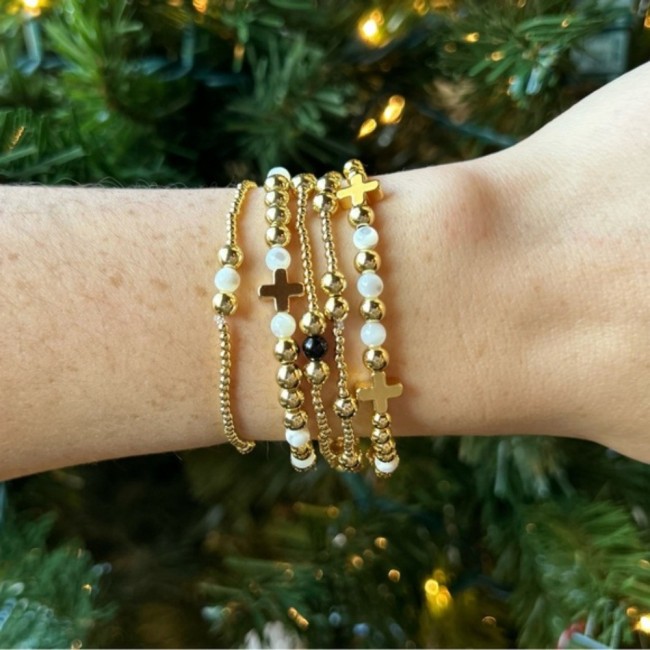 Cross-Border European and American Style Multi-Layer Beaded Cross Bracelet for Women Fashion Retro Gold Elastic Cord Layered Bracelet Wholesale