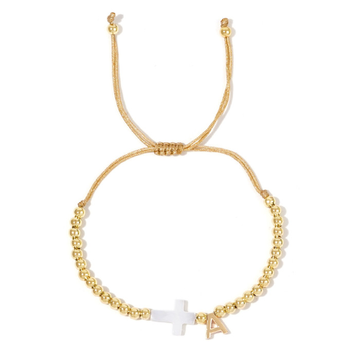 INS Cross-Border Hot-Selling Gold Bead Cross Bracelet White Shell Cross 26 English Letter Accessories Trendy Must-Have