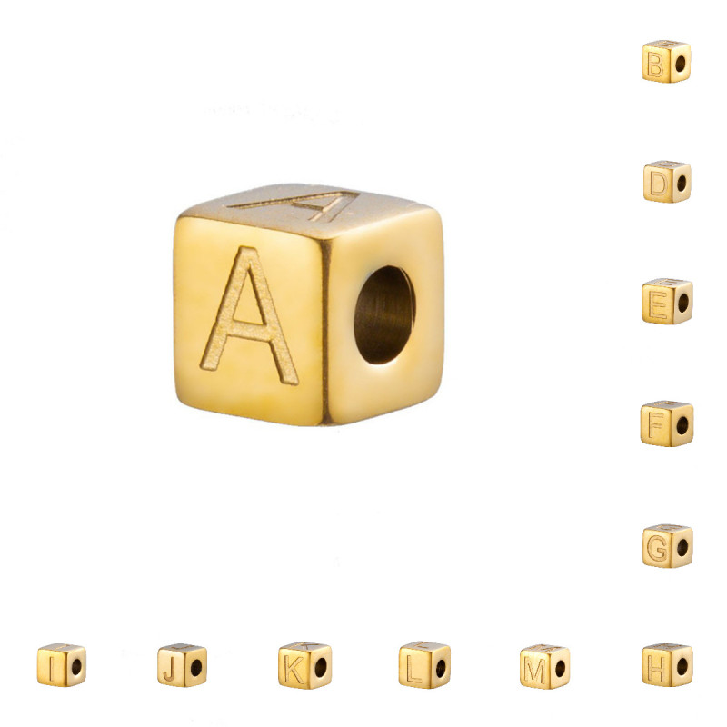 European and American Hot Selling Fashion Simple DIY 26 English Alphabet Accessories Geometric Titanium Steel Gold Sugar Cube Jewelry Accessories