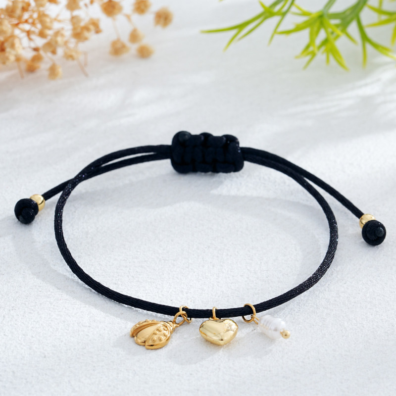 Cross-Border Hot-Selling Red and Black Rope Braided Bracelet Exquisite Pearl Shell Heart Pendant Simple Red Rope Bracelet Non-Fading