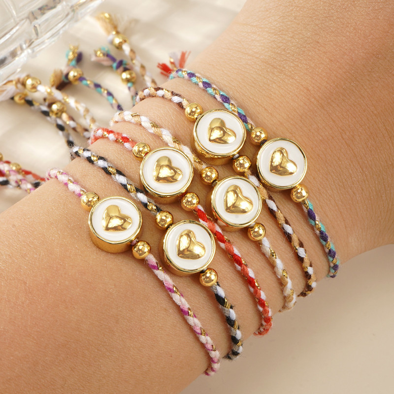Vintage Style Oil Drop White Background Copper Heart Bracelet Copper Bead Embellished Four-Strand Gold Thread Cotton Rope Bracelet Unique Versatile Hand Jewelry