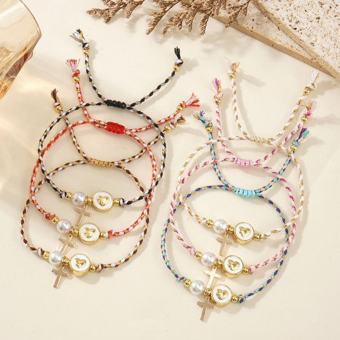 Niche Smooth Imitation Pearl Cross Bracelet White Background Heart with Copper Beads Simple High-end Style Women's Jewelry