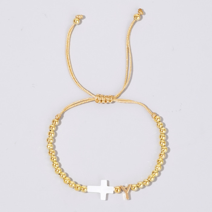 INS Cross-Border Hot-Selling Gold Bead Cross Bracelet White Shell Cross 26 English Letter Accessories Trendy Must-Have