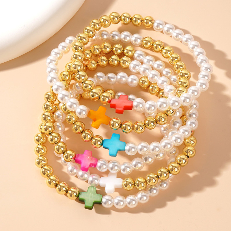 Ins Niche Design Colorful Cross Bracelet Imitation Pearl Gold Bead Splicing Elastic Beaded Bracelet Cross-Border Supply