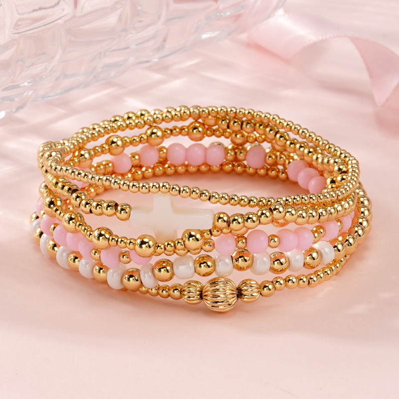 Cross-Border Hot Selling European and American Style Layered Bracelet Shell Cross Gold Bead String Design Personality Light Luxury High-End Bracelet for Women