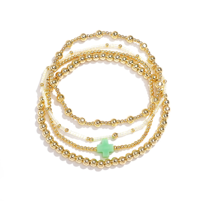 Summer Hot-Selling Cross Bracelet Set Gold Beads Colorful Beads Layered Light Luxury Versatile Bracelet for Women Simple