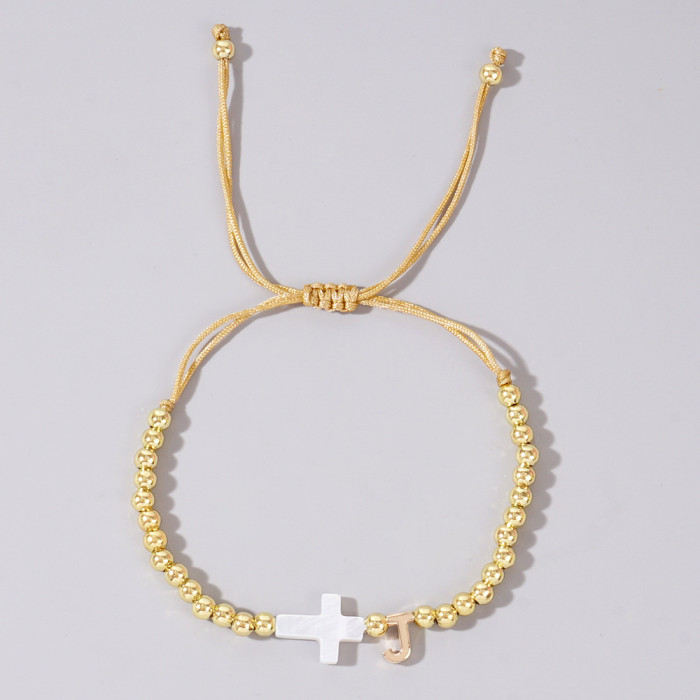 INS Cross-Border Hot-Selling Gold Bead Cross Bracelet White Shell Cross 26 English Letter Accessories Trendy Must-Have