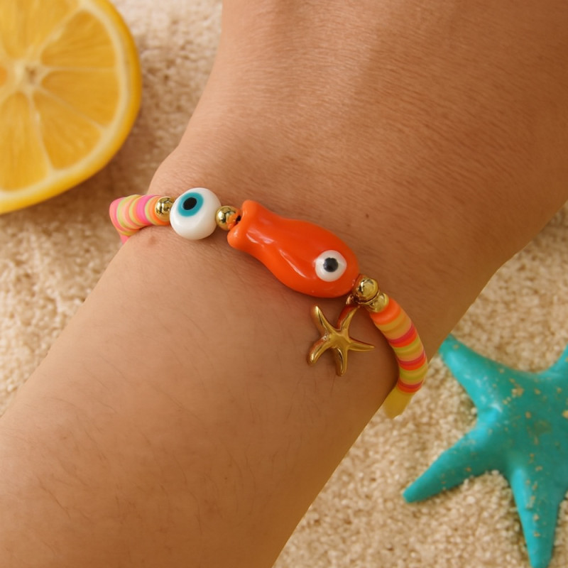 Cross-Border Hot Sale Colorful Soft Clay Small Fish Bead Bracelet Evil Eye Starfish Versatile Summer Fresh Fashion Essential