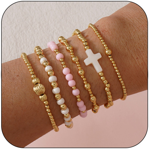 Cross-Border Hot Selling European and American Style Layered Bracelet Shell Cross Gold Bead String Design Personality Light Luxury High-End Bracelet for Women