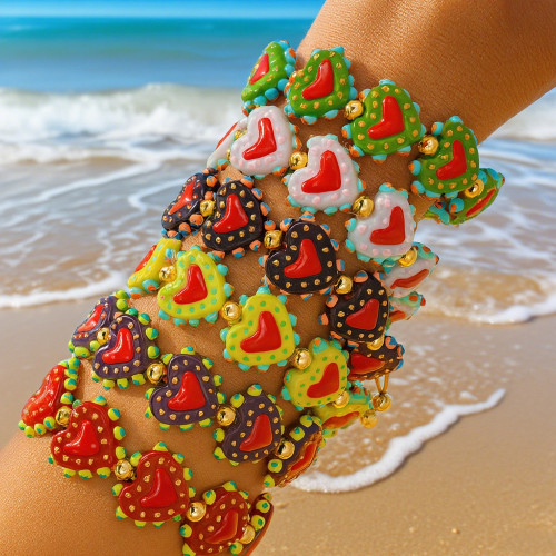 Vintage Style Metal Copper Bead Bracelet Multi-color Heart Embellishments Unique Everyday Wrist Jewelry