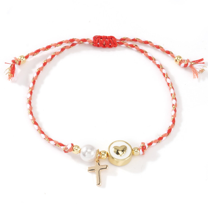 Niche Smooth Imitation Pearl Cross Bracelet White Background Heart with Copper Beads Simple High-end Style Women's Jewelry