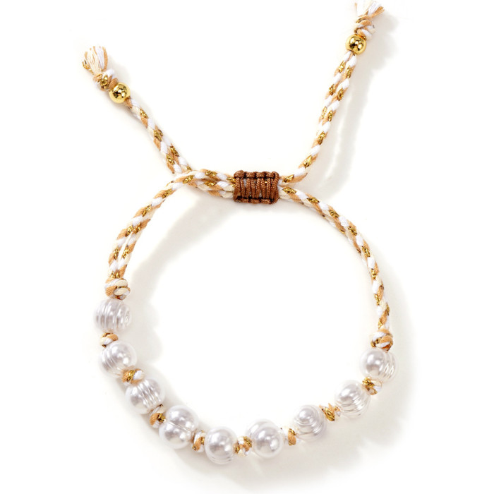 European and American Cross-Border Hand-Cranked Hemp Rope Bracelet White Punch Thread Imitation Pearl Black and White Versatile Hand Jewelry