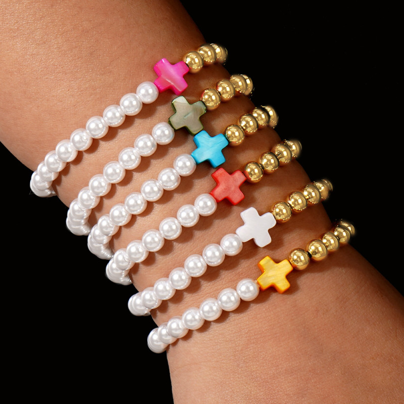 Ins Niche Design Colorful Cross Bracelet Imitation Pearl Gold Bead Splicing Elastic Beaded Bracelet Cross-Border Supply
