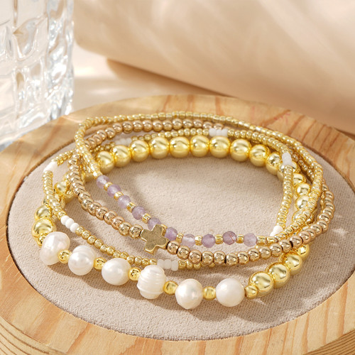 Amazon Hot-Selling Black Gallstone Cross Pearl Bracelet Light Luxury High-End Feel Gold Four-Piece Set Natural Stone Bracelet