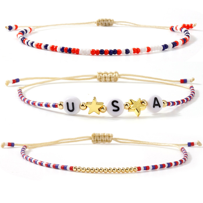 Limited Edition Independence Day Stars and Stripes Three-Piece Bracelet Set USA Letter Gold Star Beaded Cross-Border Summer Hot Sale Essential