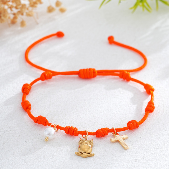 Summer Vacation Bohemian Cross Pearl Pendant Color Rope Braided Bracelet Light Luxury Niche Exquisite High-end Feel,...