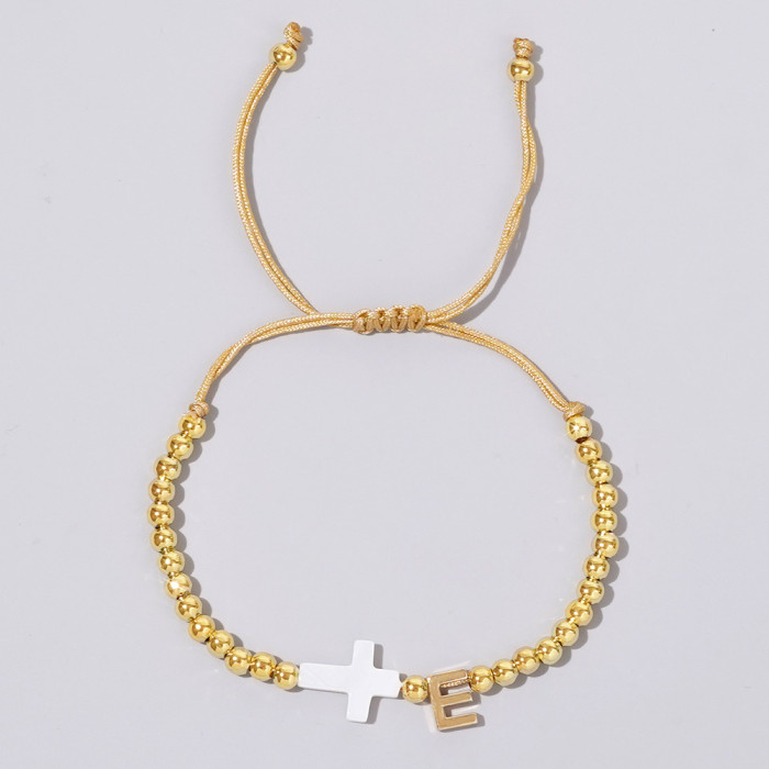 INS Cross-Border Hot-Selling Gold Bead Cross Bracelet White Shell Cross 26 English Letter Accessories Trendy Must-Have