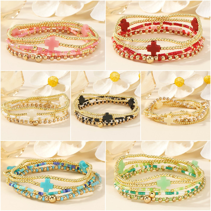Hot Sale Ins Style Fashion Light Luxury Gold Bead Cross Set Bracelet for Women High-End Layered Jewelry