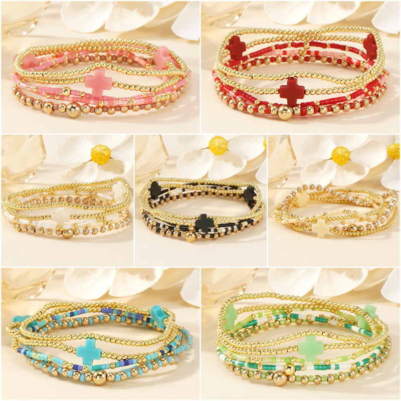 Cross-Border Hot Sale Ins Style Fashion Light Luxury Gold Bead Cross Set Bracelet for Women High-End Layered Jewelry