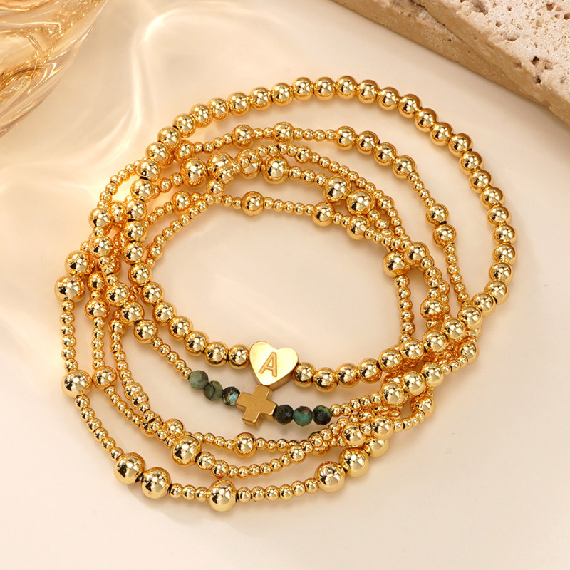 Cross-Border Hot-Selling INS Style Gold Beaded Bracelet for Women with Heart, Letters, and Cross Design, Stackable Metal Bead Jewelry Wholesale