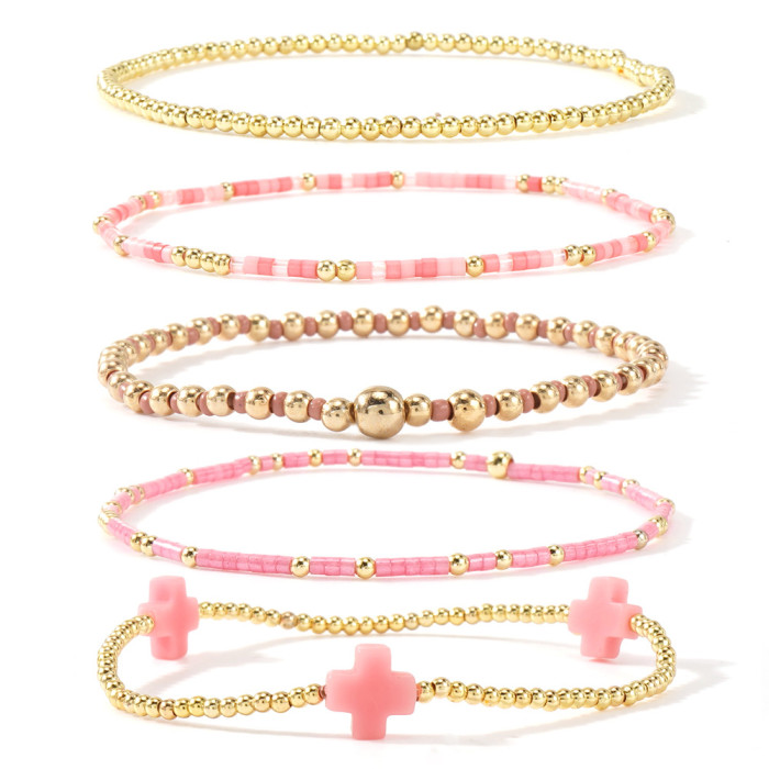 Hot Sale Ins Style Fashion Light Luxury Gold Bead Cross Set Bracelet for Women High-End Layered Jewelry