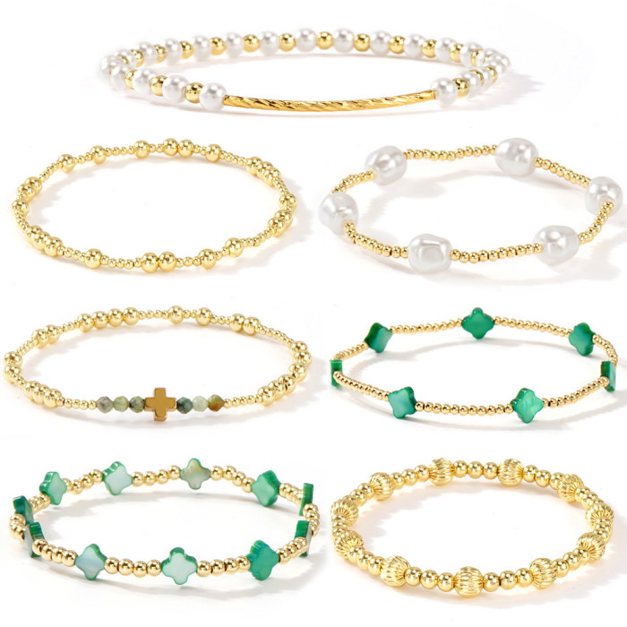 2025 Summer New European and American Style Pearl Gold Bead Bracelet Set Ins Simple High-end Feel Layered Jewelry