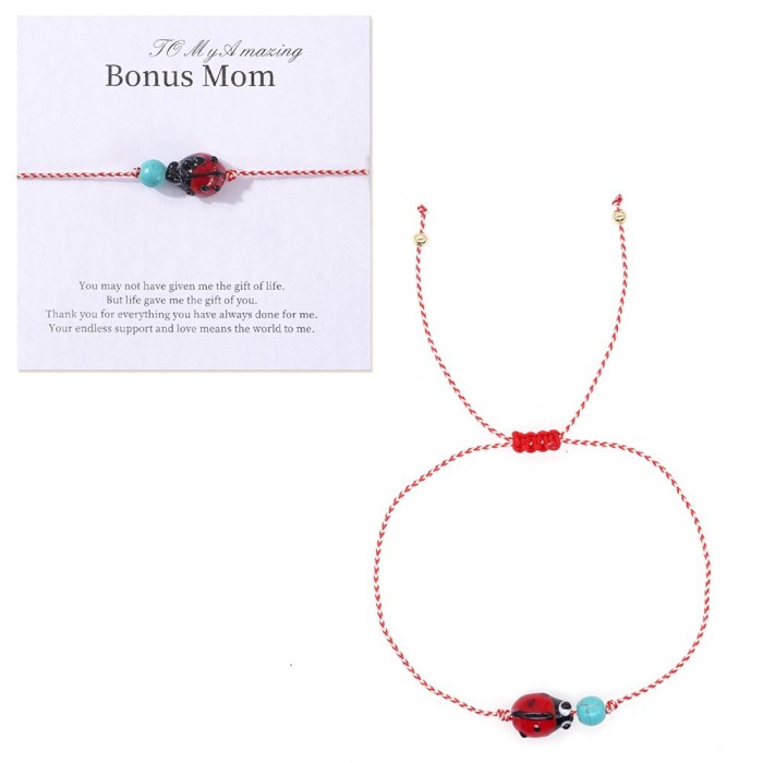 Hot Selling Fashion Simple Copper Bead Turquoise Ladybug Red and White Cotton Rope Bracelet for Women Crystal Geometr...