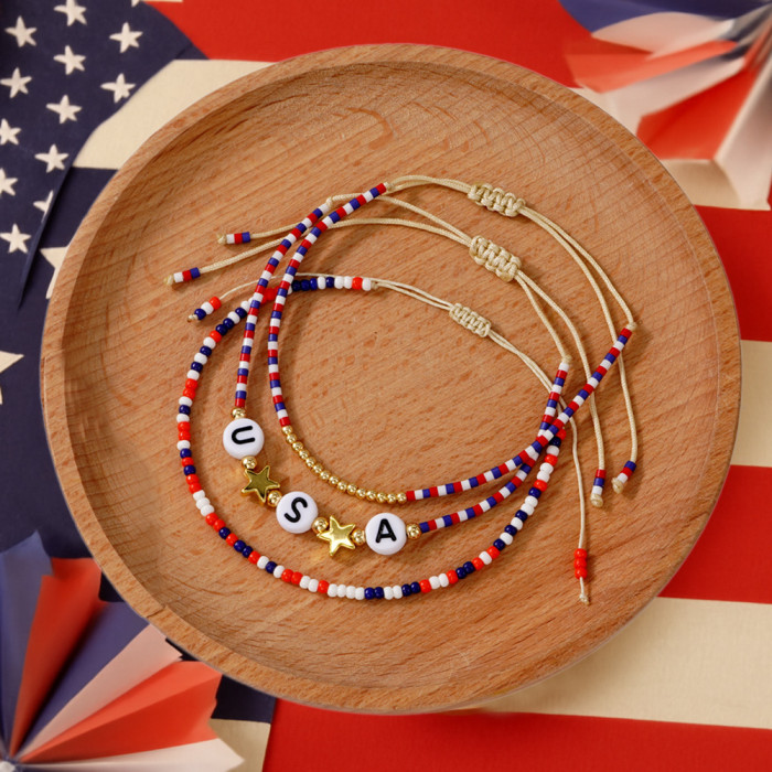 Limited Edition Independence Day Stars and Stripes Three-Piece Bracelet Set USA Letter Gold Star Beaded Cross-Border Summer Hot Sale Essential