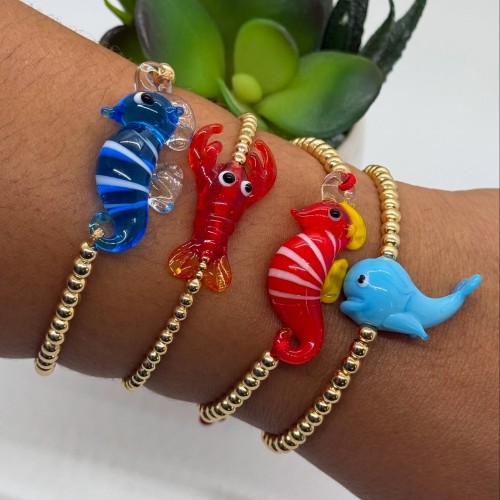 Ins Style Niche Design Glass Ocean Animal Bracelet Gold Bead Chain Seahorse Dolphin Shape Jewelry Wholesale