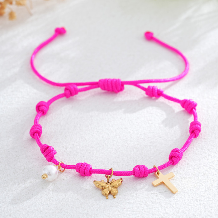 Summer Vacation Bohemian Cross Pearl Pendant Color Rope Braided Bracelet Light Luxury Niche Exquisite High-end Feel,...