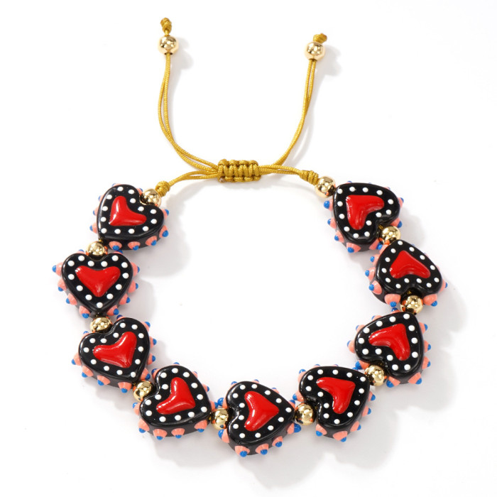 Vintage Style Metal Copper Bead Bracelet Multi-color Heart Embellishments Unique Everyday Wrist Jewelry