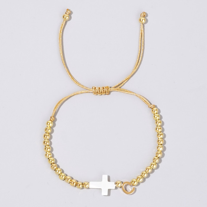 INS Cross-Border Hot-Selling Gold Bead Cross Bracelet White Shell Cross 26 English Letter Accessories Trendy Must-Have