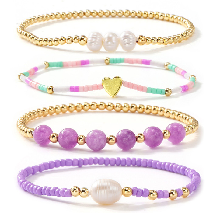 European and American Niche Design Multi-layer Stacking Jewelry Wholesale Gold Peach Heart Black Gallstone Pearl Bracelet for Women Summer New Style